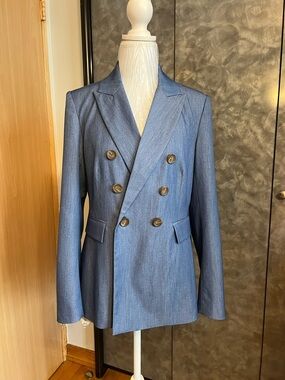Halogen Double-Breasted Blue Denim-Look Blazer
